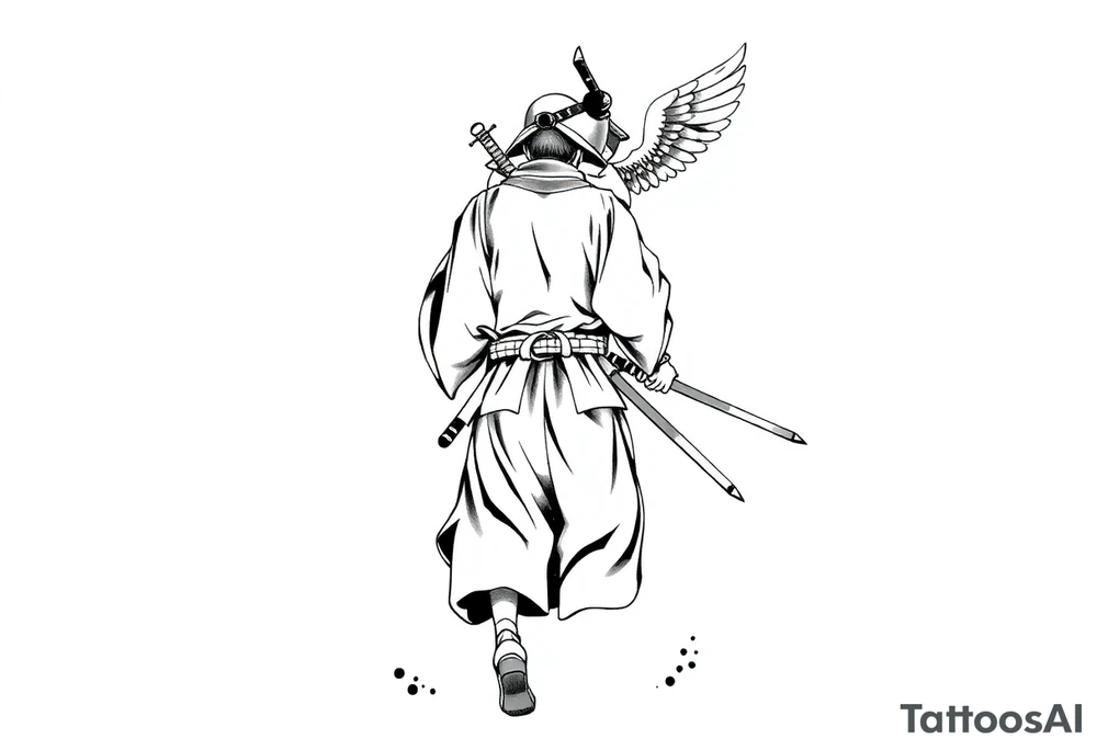 A blackwork tattoo depicting a samurai walking forward from behind. The samurai is dressed in a traditional kimono and hakama, holding two long katanas in a relaxed yet combat-ready stance. A small angel with detailed feathered wings is pushing him from behind. Strong contrast, dynamic ink splashes, sumi-e brushstrokes, a minimalist white background, dramatic lighting, an emotional and symbolic composition, and highly detailed linework. tattoo idea