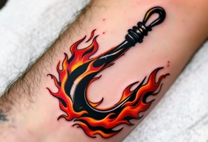 Fire Hook – A red and orange flame-like design surrounding a solid black hook, symbolizing passion, drive, and the fiery spirit of a fisherman. tattoo idea