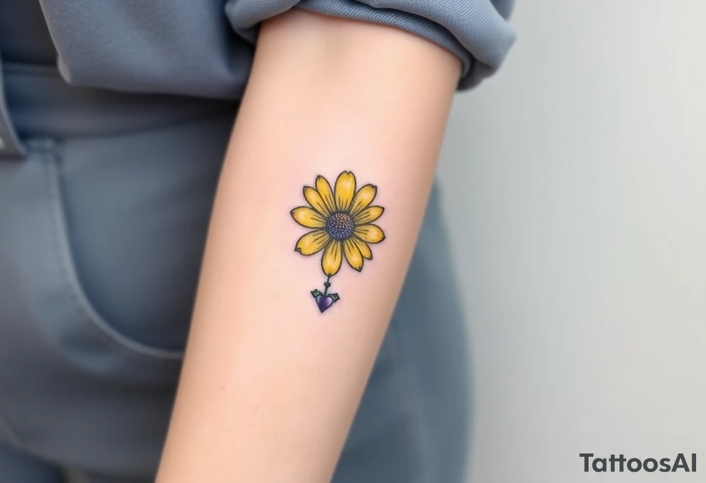 Simple yellow daisy with Purple Hearts & cross tattoo idea