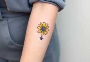 Simple yellow daisy with Purple Hearts & cross tattoo idea