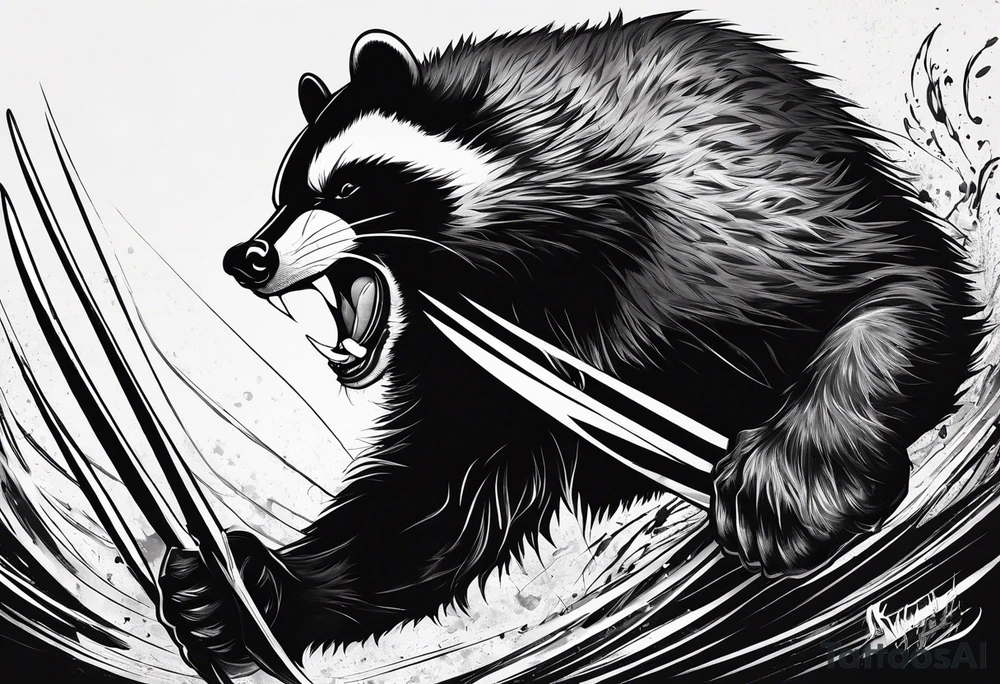 draw me badger/wolverine with aggressive full body show, killer face with cute smile, long nails and he attacks like a gladiator to enemy tattoo idea