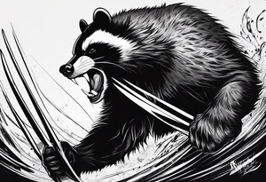 draw me badger/wolverine with aggressive full body show, killer face with cute smile, long nails and he attacks like a gladiator to enemy tattoo idea