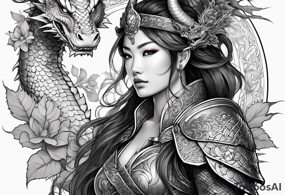 beautiful warrior woman wearing dragon armor and a floral background and a dragon a full picture tattoo idea