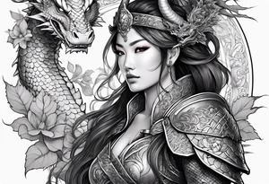 beautiful warrior woman wearing dragon armor and a floral background and a dragon a full picture tattoo idea