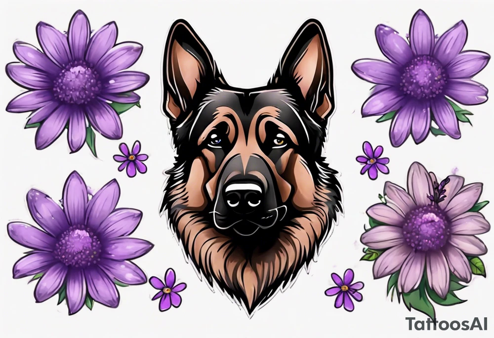 Dark brown German shepherd with purple daisies tattoo idea