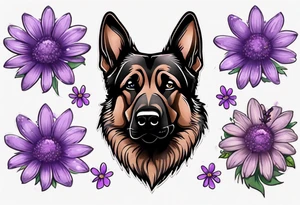 Dark brown German shepherd with purple daisies tattoo idea