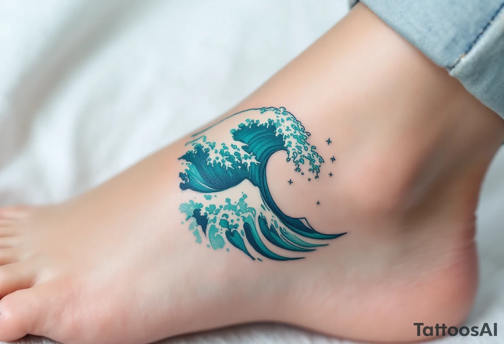 A turquoise wave crashes in delicate linework on the ankle, accented with silver highlights. tattoo idea