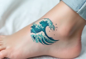 A turquoise wave crashes in delicate linework on the ankle, accented with silver highlights. tattoo idea