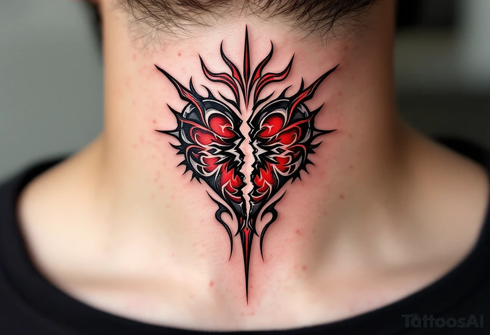 A heart being torn apart colored in deep red and grey, symbolizing heartbreak and struggle. tattoo idea