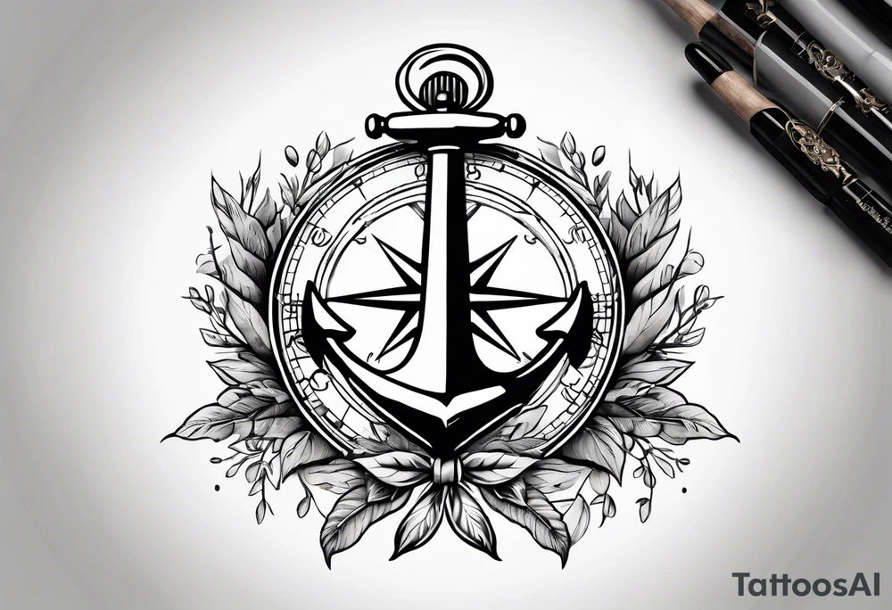 A selucid style anchor in front of a compass and a olive branch wreathe wrapped around the compass tattoo idea