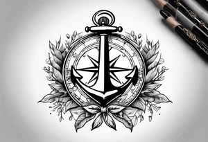 A selucid style anchor in front of a compass and a olive branch wreathe wrapped around the compass tattoo idea