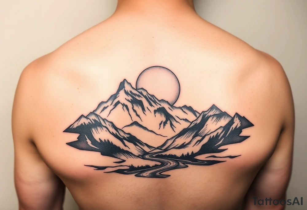 mountais. rive and sun rise and sunset tattoo idea