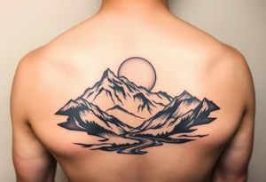 mountais. rive and sun rise and sunset tattoo idea
