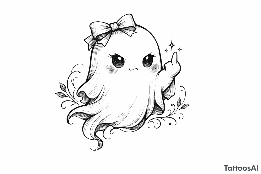 Cute ghost in a bow giving the bird, anime style, soft shading, small. tattoo idea