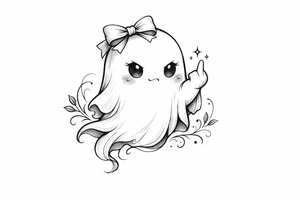 Cute ghost in a bow giving the bird, anime style, soft shading, small. tattoo idea