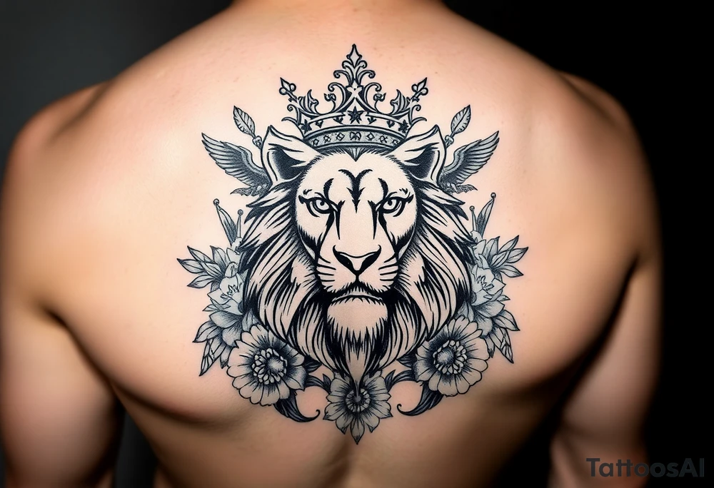 powerful majestic lion with a crown, surrounded by floral ornaments and birds tattoo idea
