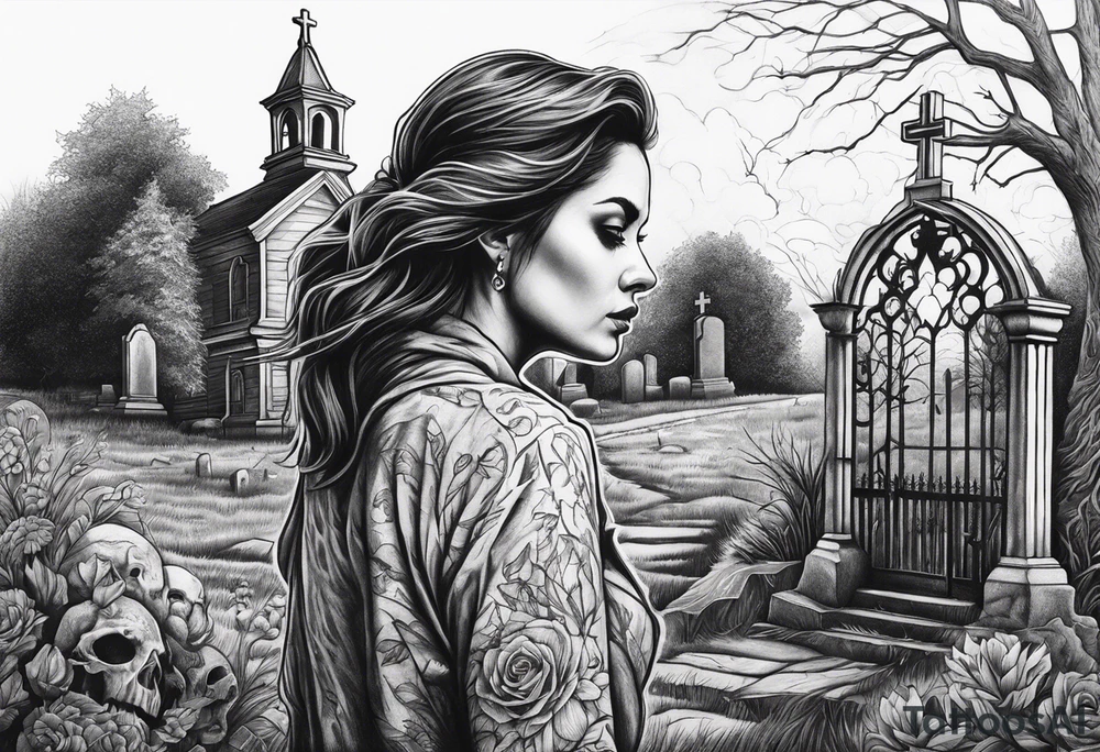 Woman walking out of a graveyard  leaving her old terrifying past behind her tattoo idea