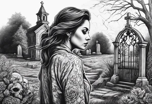 Woman walking out of a graveyard  leaving her old terrifying past behind her tattoo idea