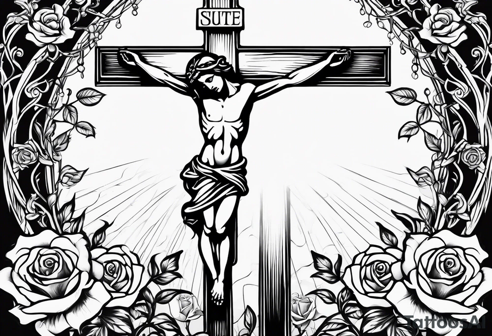 crucifix with vines and roses growing around it and sun beams coming from it tattoo idea