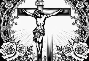 crucifix with vines and roses growing around it and sun beams coming from it tattoo idea