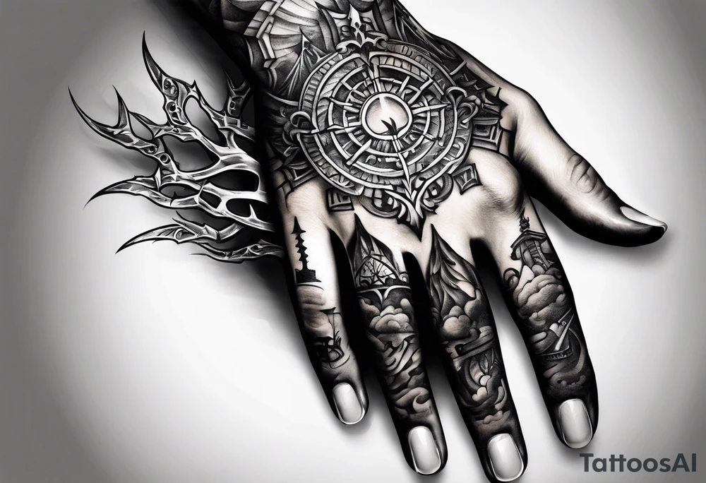 A human hand and a skeleton hand interlocking pointer fingers tattoo idea