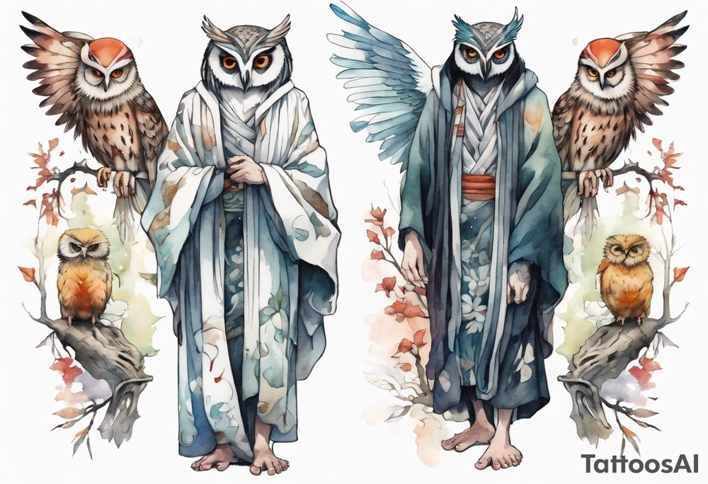 a tall thin creature in an ancient robe wearing an owl mask walking in a forest with the feet of a bird and wings instead of arms tattoo idea