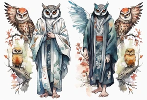 a tall thin creature in an ancient robe wearing an owl mask walking in a forest with the feet of a bird and wings instead of arms tattoo idea