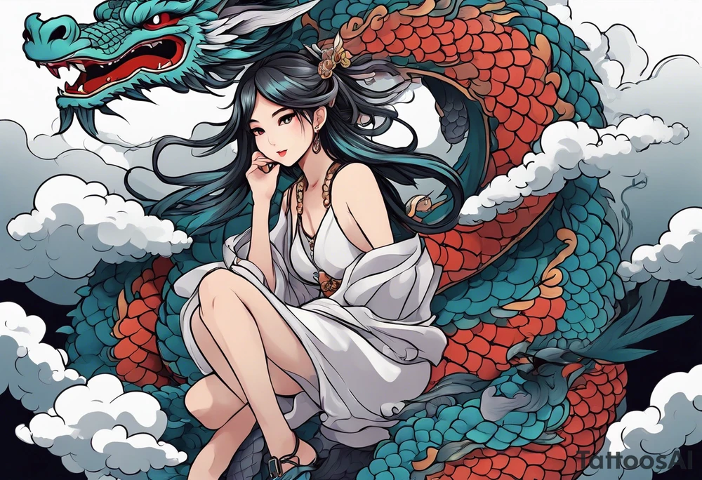 american traditional style, an anime girl sitting on a asian dragon surrounded by cloud tattoo idea
