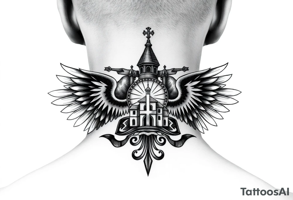 russian coat of arms with both heads visible & wings spanning out on my back neck across on to my shoulders with an orthodox christian church being visible in a mountainous sun beaming setting, with the russian orthodox cross spire of the orthodox church being visible on my neck with a sun beaming in the background that the cross sits inside tattoo idea