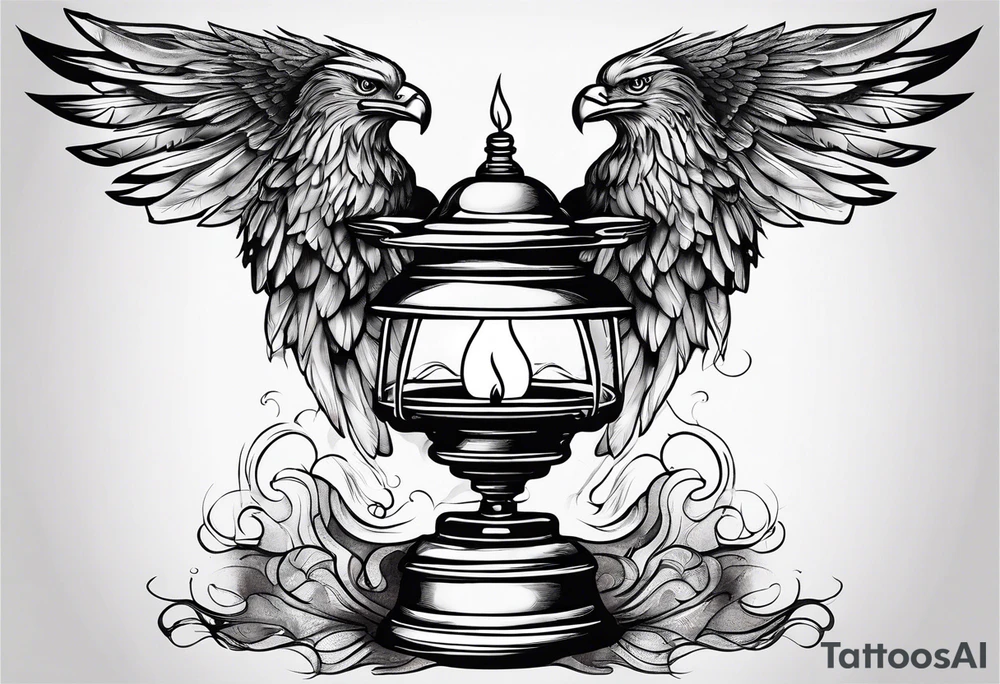 Extinguished oil lamp with smoke and eagle wings tattoo idea