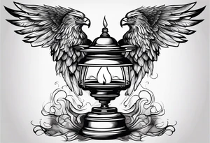 Extinguished oil lamp with smoke and eagle wings tattoo idea