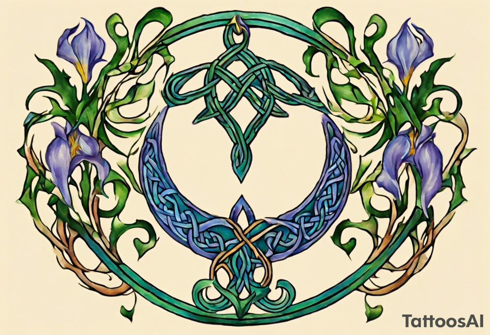 Create a small, colorful Vincent van Gogh Irises tattoo in the form of a crescent, with vines in Celtic knot style gracefully intertwining at a central point in the middle of the wreath. The intended placement is on the upper chest. The middle needs mountains. The overall design should be small in size while maintaining a delicate and artistic aesthetic. Pay attention to the graceful flow of the vines and the placement of the irises to achieve a refined and elegant look. tattoo idea