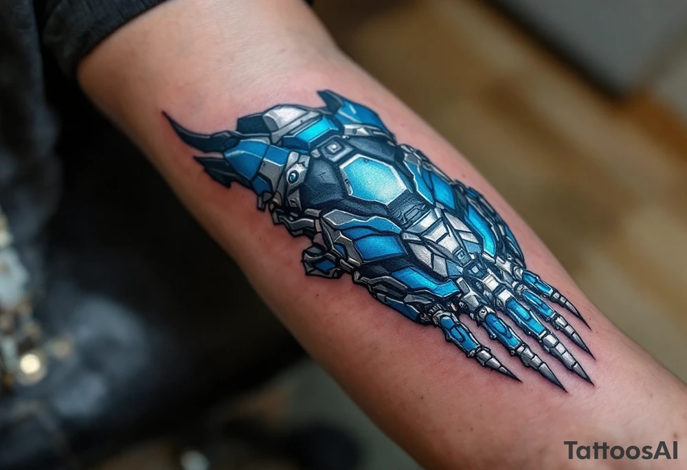 A blue and silver exoskeletal structure integrated with the hand’s contours, mimicking robotic dexterity. tattoo idea