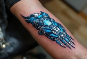 A blue and silver exoskeletal structure integrated with the hand’s contours, mimicking robotic dexterity. tattoo idea