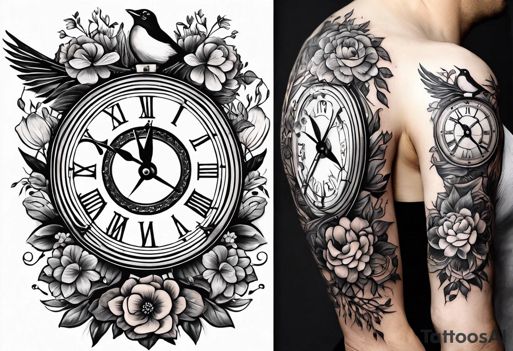 combination of a nautical compass and a old school clock face, with a doctor bird, tree of life and decorated with lignum vitae flowers, 3/4 sleeve on arm, flowing all together tattoo idea