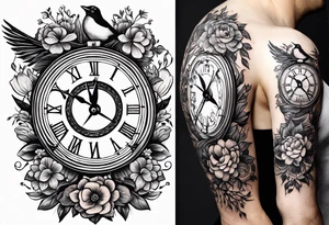 combination of a nautical compass and a old school clock face, with a doctor bird, tree of life and decorated with lignum vitae flowers, 3/4 sleeve on arm, flowing all together tattoo idea