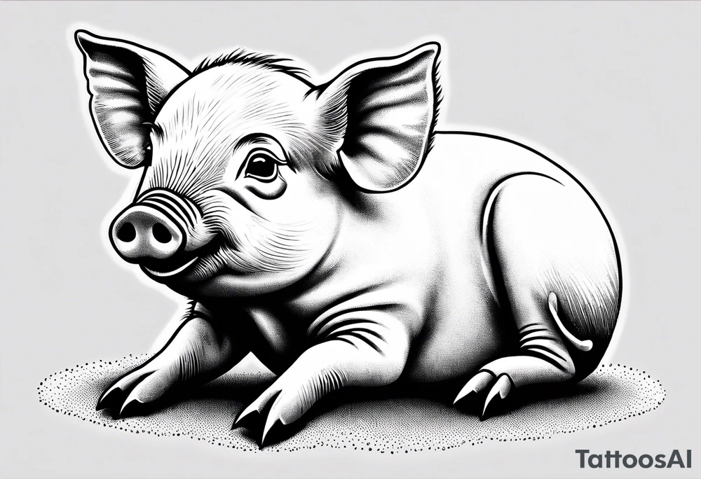 cute piglet sitting on bum. thin lines minimal shading, black and white only, with text "friends not food", white background tattoo idea
