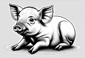 cute piglet sitting on bum. thin lines minimal shading, black and white only, with text "friends not food", white background tattoo idea