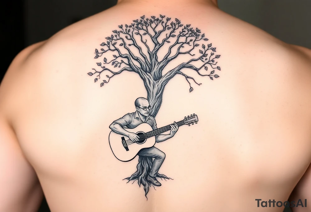 Man playing acoustic guitar underneath tree of life concept style tattoo idea