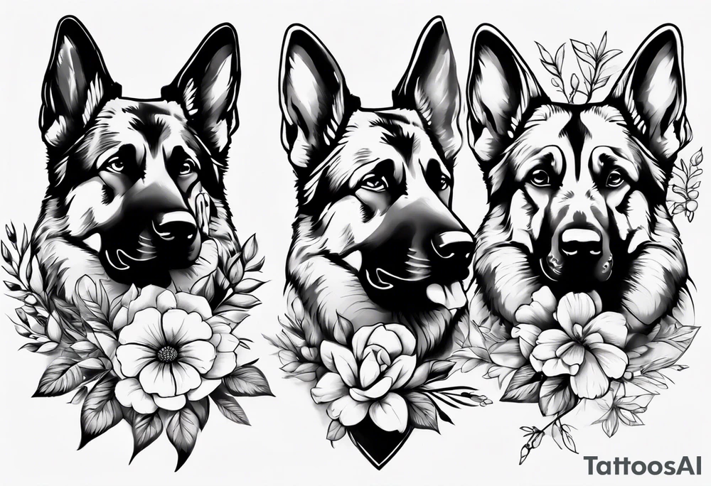 German Shepherd with flowers tattoo idea