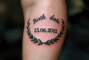 Birth date 15.06.2012 in typewriter font encased in a dusty green laurel wreath. tattoo idea