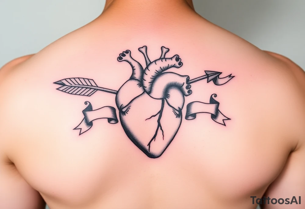 anatomical heart pierced by ornate arrow with flowing ribbons tattoo idea