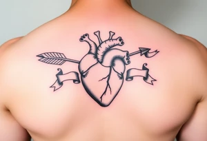 anatomical heart pierced by ornate arrow with flowing ribbons tattoo idea