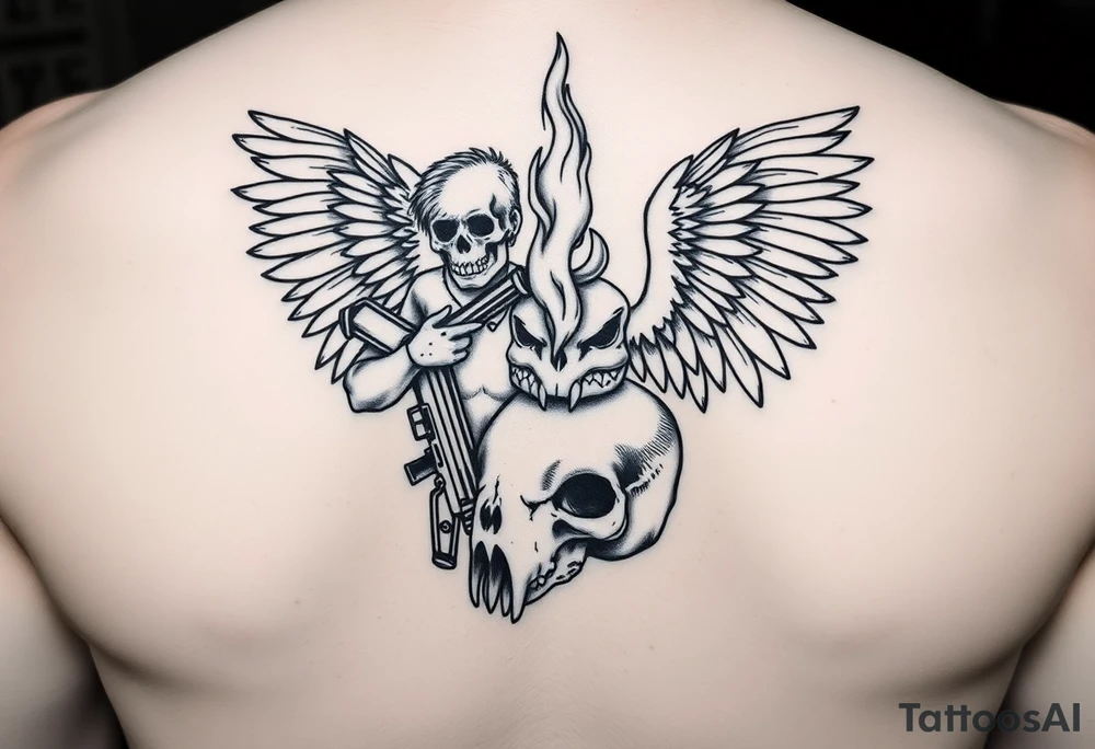 gangster angel sitting on the rocker panel of the drivers seat, holding an AK47, watching a huge flame burning a stacked skull of a rabbit and a chicken. tattoo idea