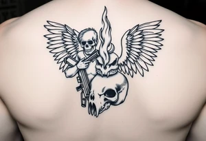 gangster angel sitting on the rocker panel of the drivers seat, holding an AK47, watching a huge flame burning a stacked skull of a rabbit and a chicken. tattoo idea