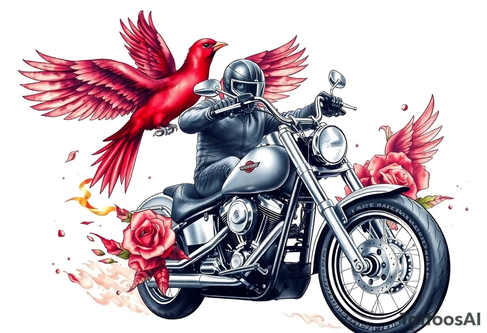 Harley grey motorcycle driving away, two red birds flying, roses, flames, angel wings tattoo idea