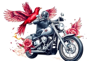 Harley grey motorcycle driving away, two red birds flying, roses, flames, angel wings tattoo idea