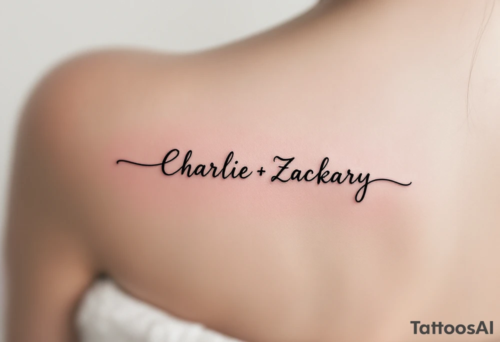 Create a small, elegant tattoo design that incorporates the names "Charlie" and "Zackary" in delicate, flowing cursive. Enclose the names inside a larger, refined symbol to represent unity and protection. Integrate gentle accents tattoo idea
