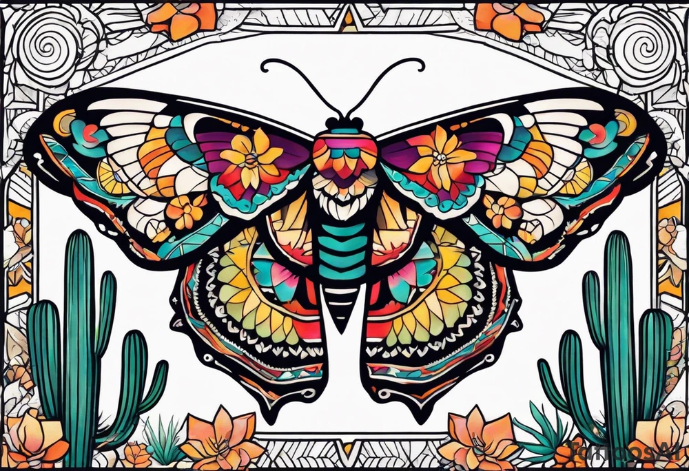 Modern Mexican style small moth in flight over a desert garden with cactus and small succulents tattoo idea