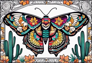 Modern Mexican style small moth in flight over a desert garden with cactus and small succulents tattoo idea